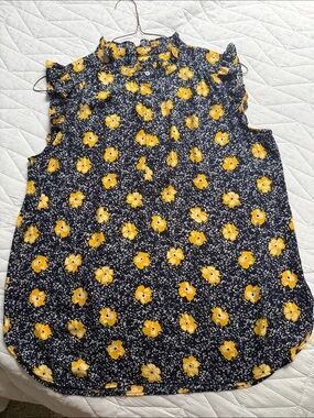 LOFT Navy Sleeveless Floral Ruffle-Neck Camisole - Yellow Flowers